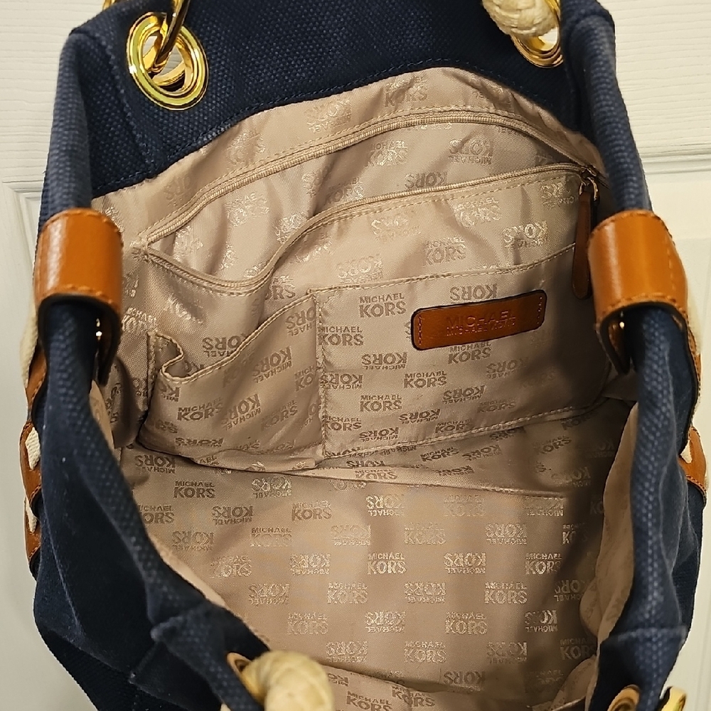 Michael Kors Navy Canvas Tote with Cream Rope Handles and Gold-Tone Hardware - Picture 8 of 10